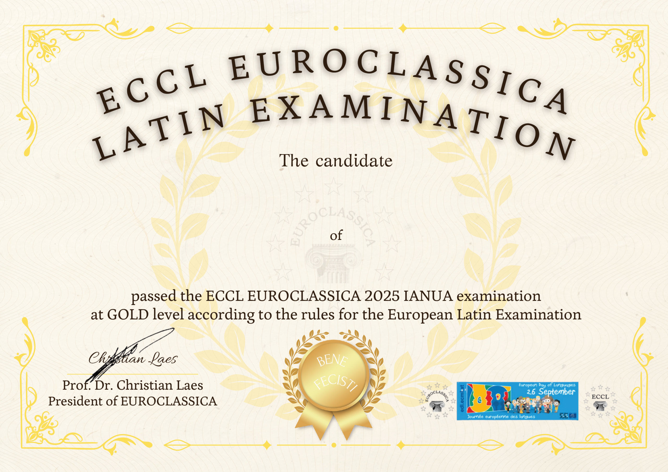 Certificate awarded for passing the Euroclassica European Latin Examination at Gold level.