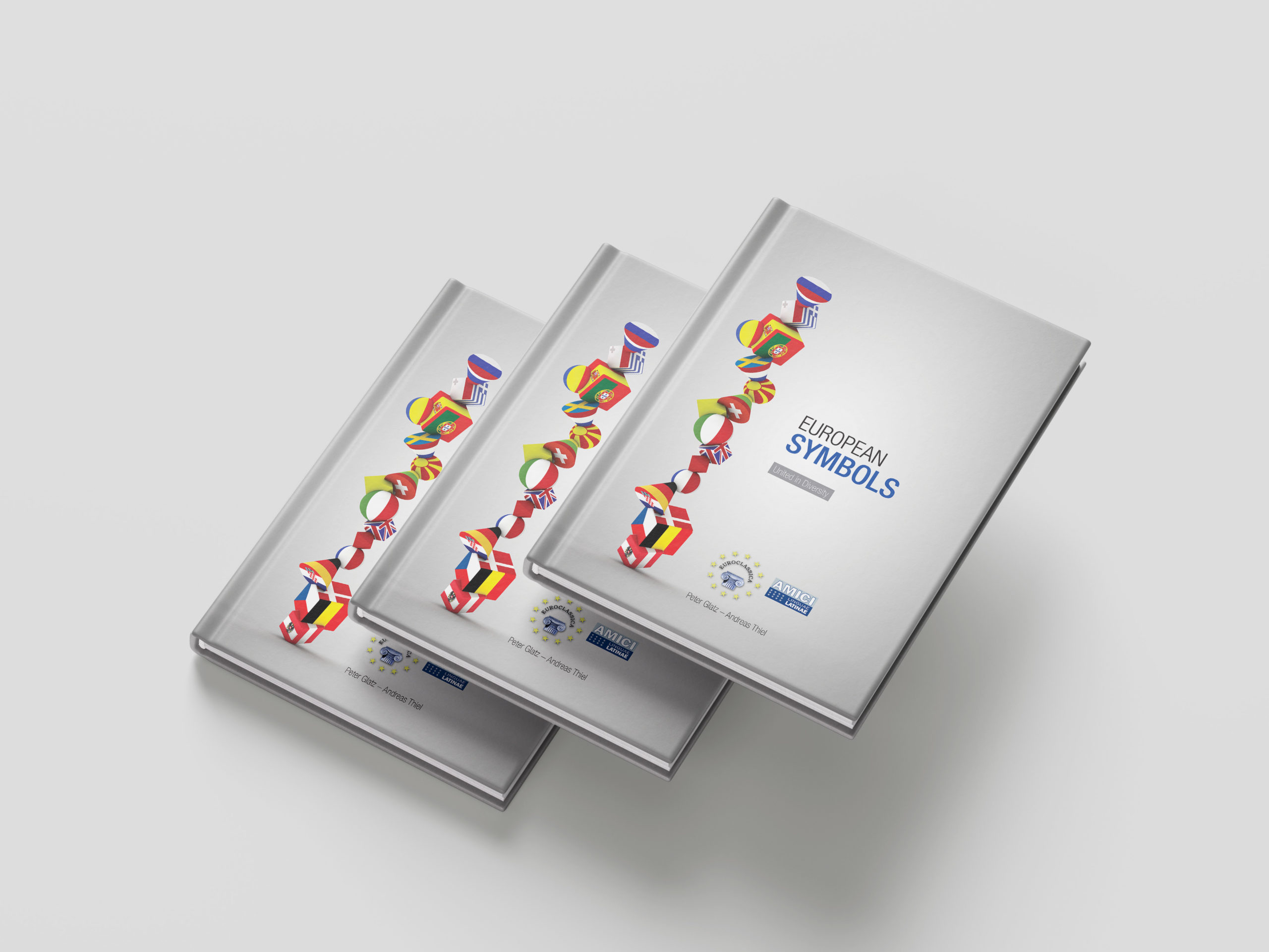 Three copies of the book European Symbols displayed in a staggered mockup on a light grey background.